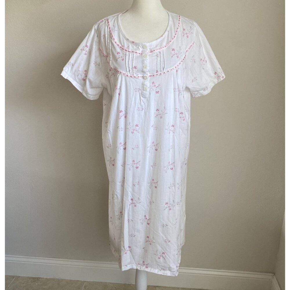 Keyocean Womens Medium M White Pink Floral Nightgown Pajamas 100% Cotton Ribbon